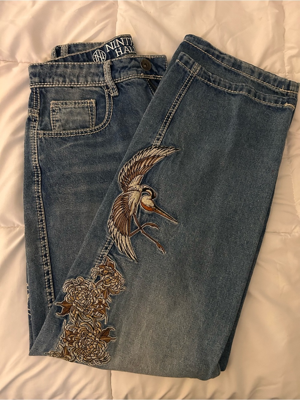 Ninth Hall Blue Straight-Leg Jeans with Koi fish print